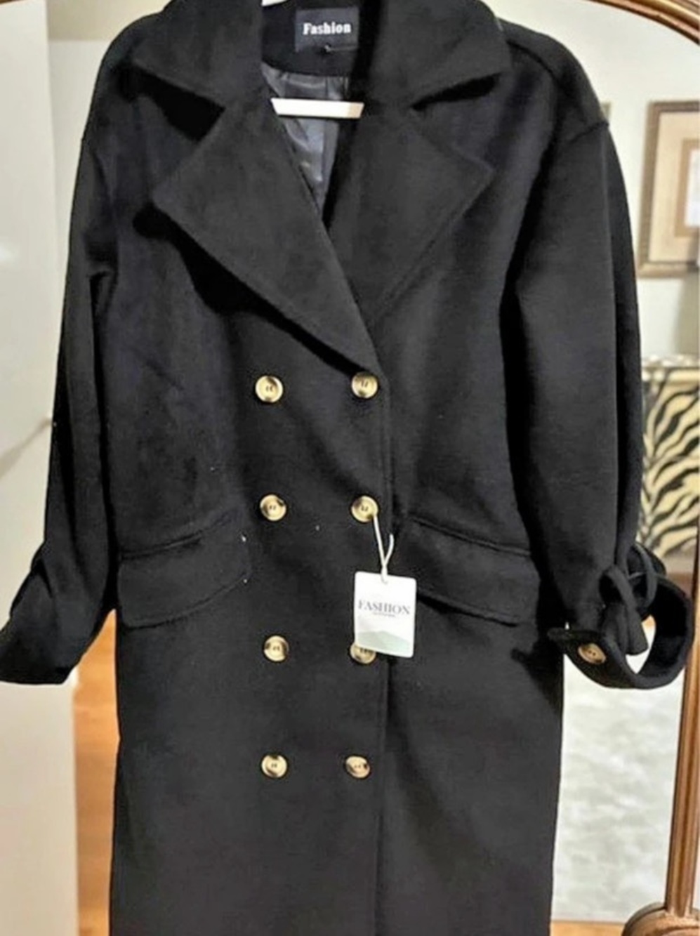 Fashion Double-Breasted Coat in Black Size Medium NWT